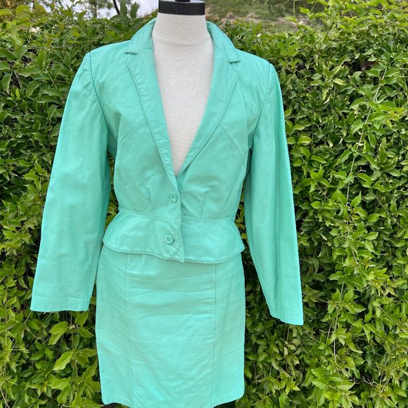 80's Mint Green Leather Jacket & Skirt - Size 10 & 4- Wilsons Suede & Leather - Picture 1 of 14
